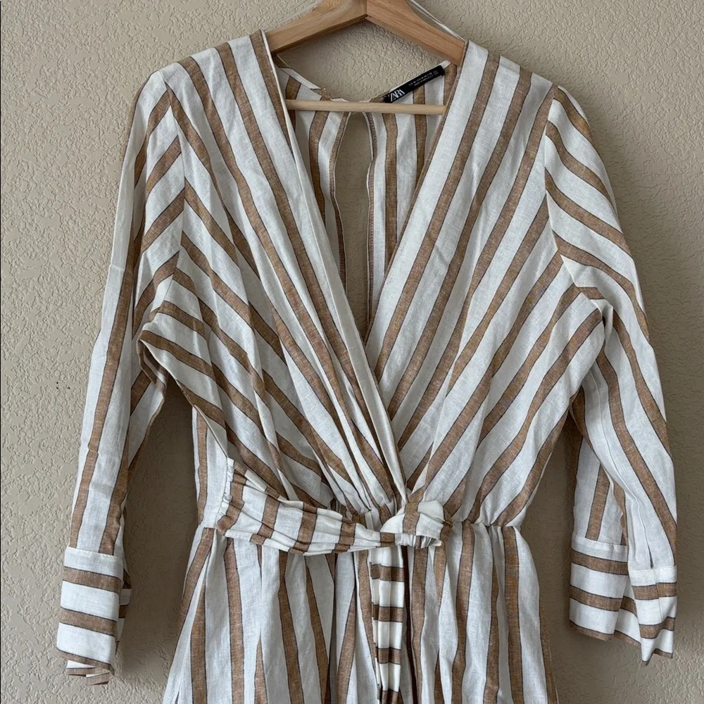 Zara Striped V-Neck Tie-Waist Linen Romper in White and Tan